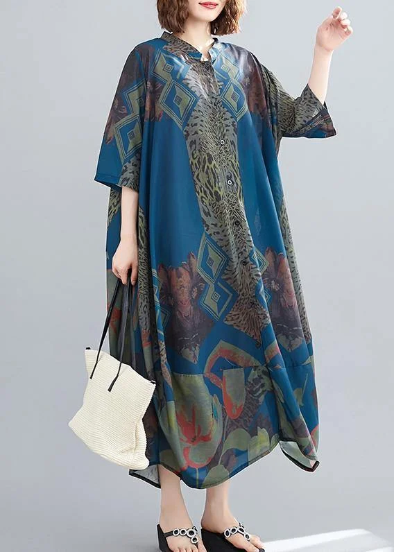 Elegant Stand Collar Summer Tunics Blue Abstract Pattern Long Dress Pencil Office Professional Elegant Stand Collar Summer Tunics Blue Abstract Pattern Long Dress Pencil Office Professional