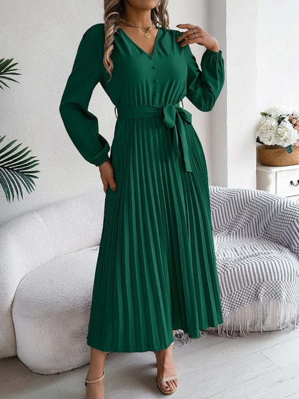 Elegant V-neck Button Tie Hem Pleated Long Dress Dresses Tunics Luxurious high-end
