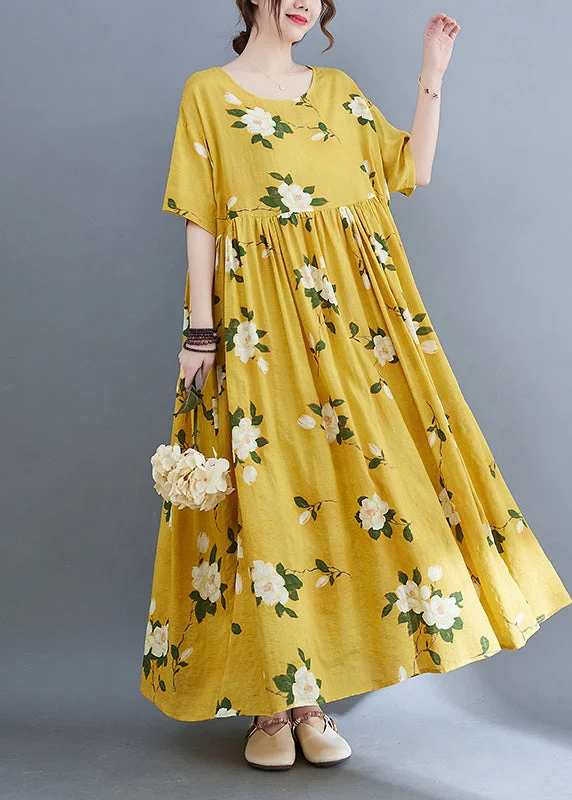 Ethnic Style Yellow O-Neck Cinched Print Long Dresses Short Sleeve Tunics Luxurious high-end Ethnic Style Yellow O-Neck Cinched Print Long Dresses Short Sleeve Tunics Luxurious high-end