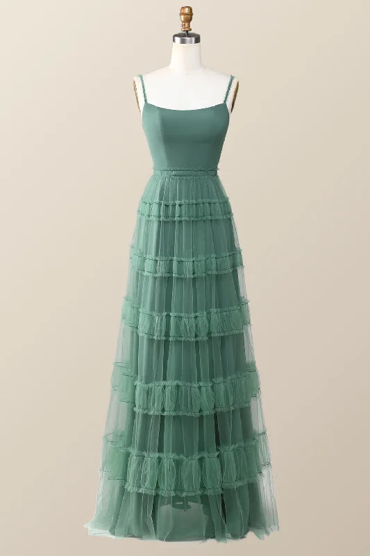 Eucalyptus Tulle Ruffle Long Dress with Straps Tunics Denim casual