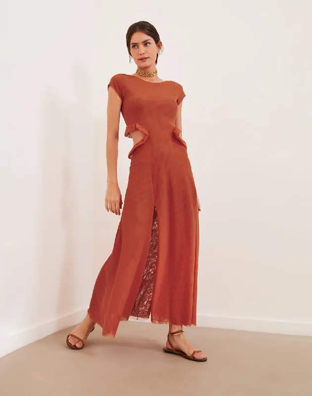 Evie Long Dress (exchange only) - Grapefruit Crew Neckline Casual
