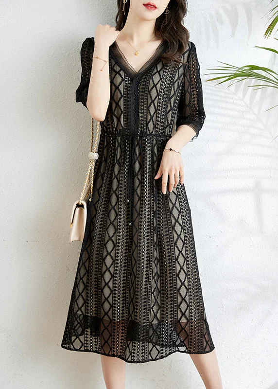 Fashion Black V Neck Tie Waist Silk Long Dress Half Sleeve Tunics Sale discount