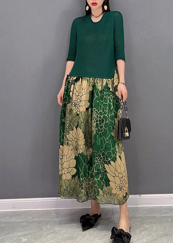 Fashion Green O-Neck Chiffon Patchwork Print Knit Long Dress Half Sleeve Tunics Exclusive limited Fashion Green O-Neck Chiffon Patchwork Print Knit Long Dress Half Sleeve Tunics Exclusive limited