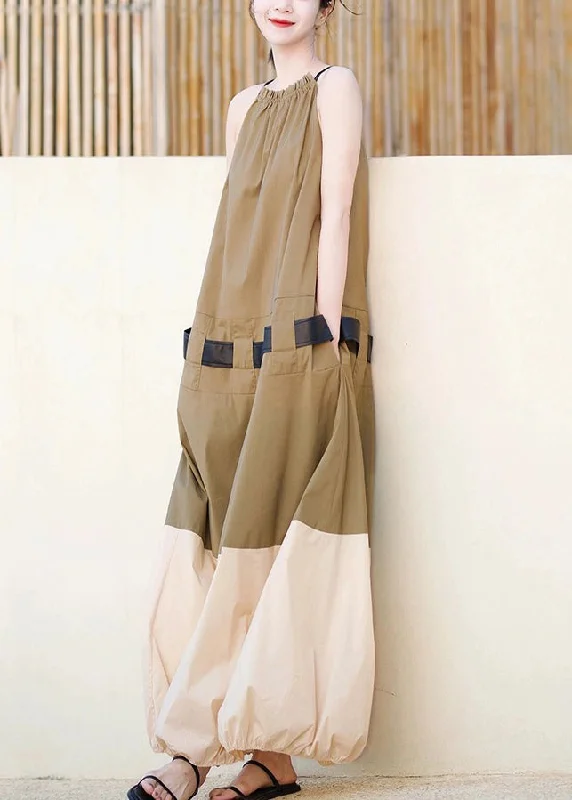 Fashion Khaki Ruffled Pockets Patchwork Cotton Long Dresses Sleeveless Tunics Modern contemporary Fashion Khaki Ruffled Pockets Patchwork Cotton Long Dresses Sleeveless Tunics Modern contemporary