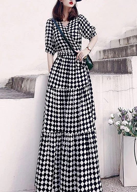 Fashion Plaid V Neck High Waist Patchwork Cotton Long Dresses Summer Tunics Hiking breathable Fashion Plaid V Neck High Waist Patchwork Cotton Long Dresses Summer Tunics Hiking breathable