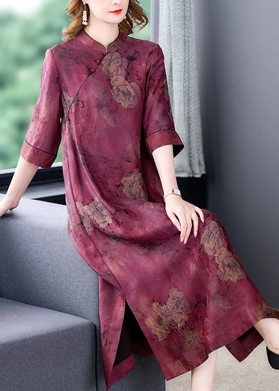 Fashion Purple Stand Collar Print Button Side Open Silk Long Dresses Summer Tunics New arrival Fashion Purple Stand Collar Print Button Side Open Silk Long Dresses Summer Tunics New arrival