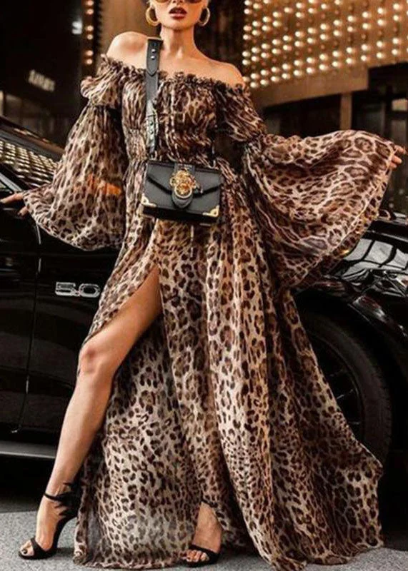 Fashion Slash Neck Backless Ruffled Leopard Print Side Open Long Dresses Flare Sleeve Tunics Versatile all-occasion Fashion Slash Neck Backless Ruffled Leopard Print Side Open Long Dresses Flare Sleeve Tunics Versatile all-occasion
