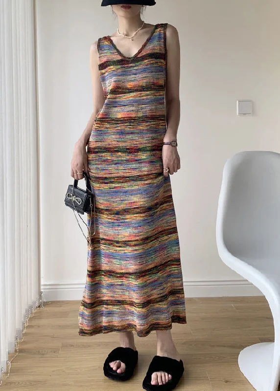 Fine Rainbow Striped V Neck Knit Long Dresses Sleeveless Boat Neckline Classic