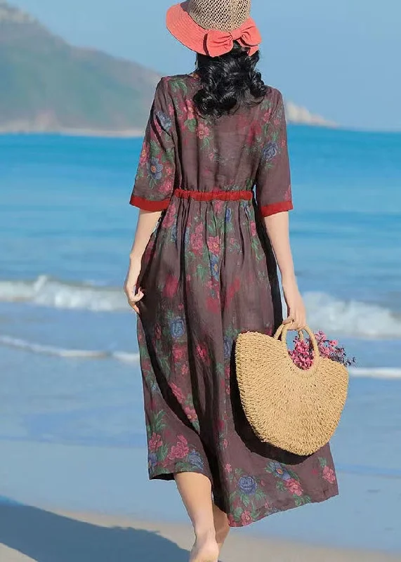 Fitted Chocolate O-Neck Tie Waist Patchwork Print Linen Dress Half Sleeve Tunics Handmade artisanal Fitted Chocolate O-Neck Tie Waist Patchwork Print Linen Dress Half Sleeve Tunics Handmade artisanal