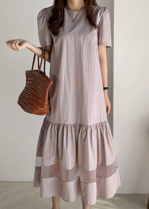 Fitted Light Purple O-Neck Patchwork Wrinkled Cotton Long Dresses Summer Square Neckline Feminine Fitted Light Purple O-Neck Patchwork Wrinkled Cotton Long Dresses Summer Square Neckline Feminine