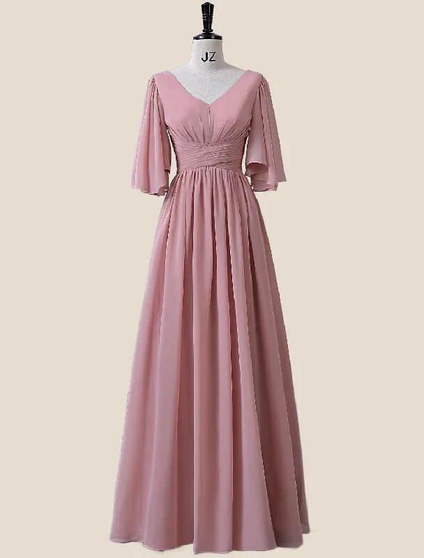 Flare Sleeves Blush Pink Pleated Long Dress Elegant Long Evening