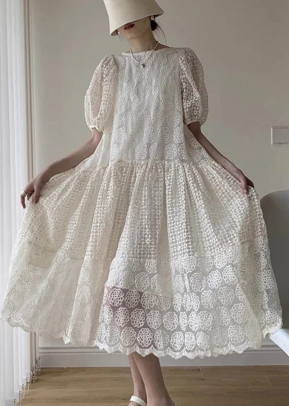 French Apricot Wrinkled Patchwork Lace Long Dresses Puff Sleeve Tunics Chic fashionable French Apricot Wrinkled Patchwork Lace Long Dresses Puff Sleeve Tunics Chic fashionable
