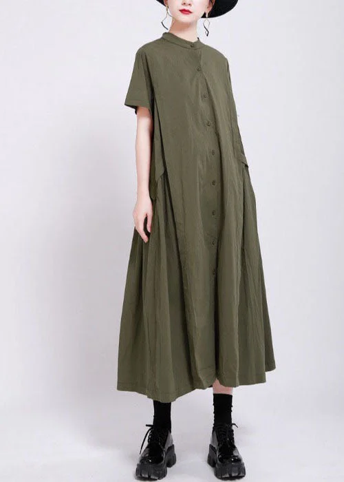 French Army Green Button Patchwork Wrinkled Cotton Long Dress Summer Tunics Satin smooth French Army Green Button Patchwork Wrinkled Cotton Long Dress Summer Tunics Satin smooth