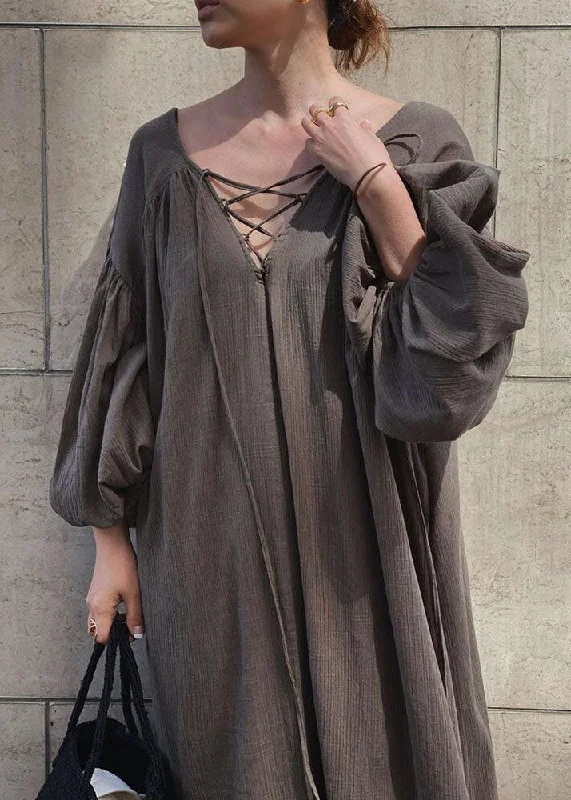 French Brown V Neck Backless Lace Up Cotton Long Dress Lantern Sleeve Tunics Bridal satin
