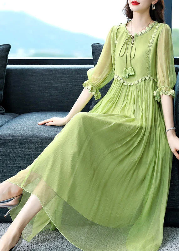 French Green O-Neck Lace Up Extra Large Hem Silk Long Dress Half Sleeve Tunics Seasonal trendy French Green O-Neck Lace Up Extra Large Hem Silk Long Dress Half Sleeve Tunics Seasonal trendy