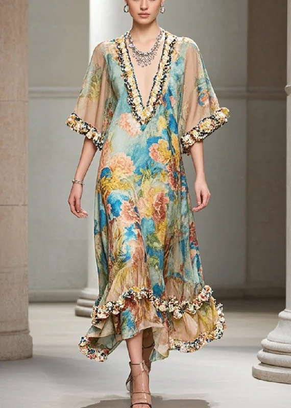 French Khaki Ruffled Print Chiffon Long Dresses Summer Tunics Formal black