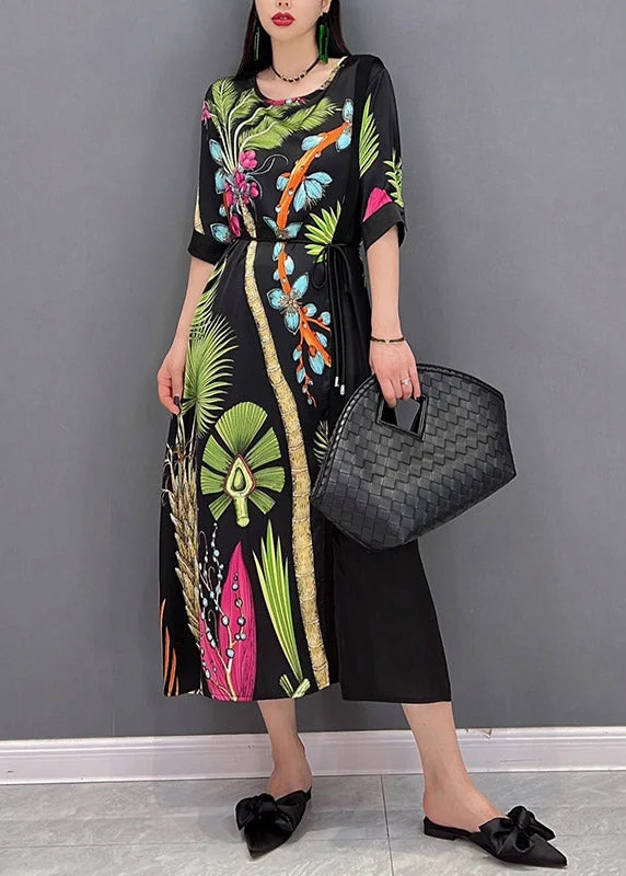 French O-Neck Print Patchwork Tie Waist Chiffon Dresses Half Sleeve Tunics Versatile stylish French O-Neck Print Patchwork Tie Waist Chiffon Dresses Half Sleeve Tunics Versatile stylish
