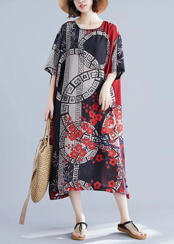 French O Neck Spring Tunics For Women Red Print Long Dress Tunics Short Trendy