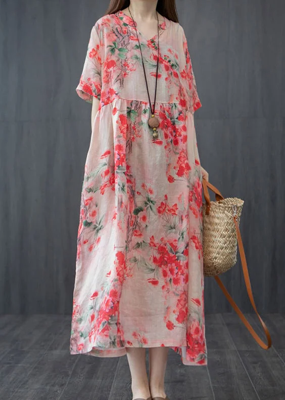 French Red Wrinkled V Neck Floral Linen Long Dress Short Sleeve Tunics Exclusive limited French Red Wrinkled V Neck Floral Linen Long Dress Short Sleeve Tunics Exclusive limited