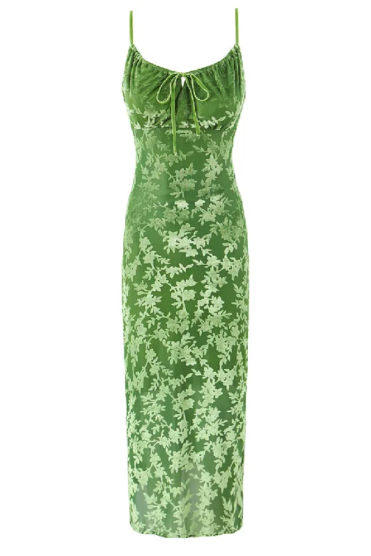 Green Flocking Tie Front Sheath Long Dress Tunics Occasion special