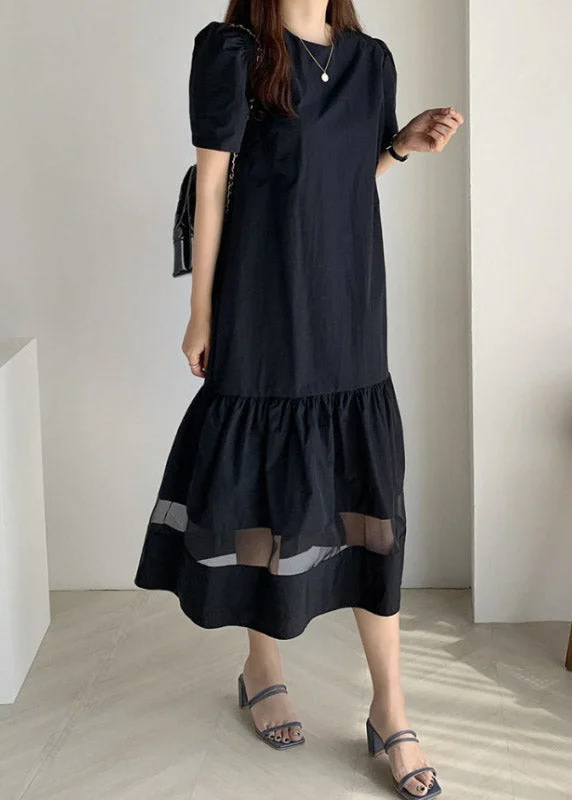 Handmade Black O-Neck Holiday Long Dress Summer Tunics Versatile functional