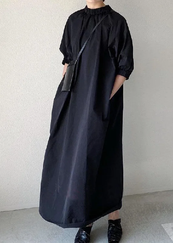 Handmade Black Stand Collar Patchwork Cotton Long Dress Half Sleeve Tunics Luxurious premium Handmade Black Stand Collar Patchwork Cotton Long Dress Half Sleeve Tunics Luxurious premium