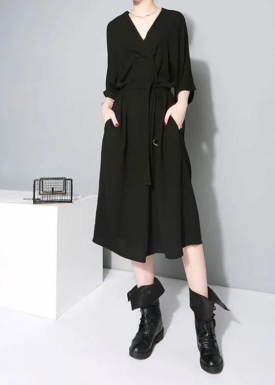Handmade Black V Neck tie waist Summer Dress Casual Short Summer