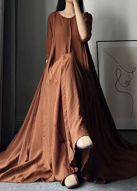 Italian Caramel O Neck Wrinkled Patchwork Cotton Long Dress Fall Tunics Spring floral Italian Caramel O Neck Wrinkled Patchwork Cotton Long Dress Fall Tunics Spring floral
