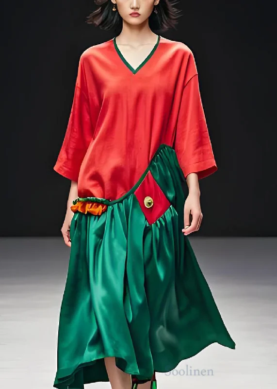 Italian Colorblock V Neck Wrinkled Patchwork Cotton Long Dress Summer Tunics Travel practical Italian Colorblock V Neck Wrinkled Patchwork Cotton Long Dress Summer Tunics Travel practical