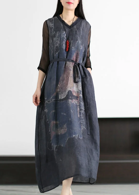 Italian Dark Blue V Neck Tie Waist Patchwork Linen Long Dresses Half Sleeve Tunics Chic fashionable Italian Dark Blue V Neck Tie Waist Patchwork Linen Long Dresses Half Sleeve Tunics Chic fashionable