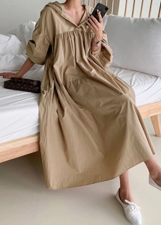 Khaki Patchwork Cotton Long Dresses Wrinkled Puff Sleeve Cowl Neckline Elegant