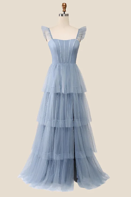 Blue Tulle Tiered A-line Long Dress Tunics Office stylish