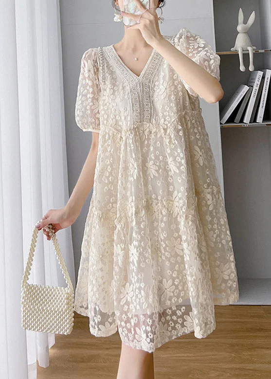 Loose Beige V Neck Lace Patchwork Long Dress Short Sleeve Tunics Sale discount