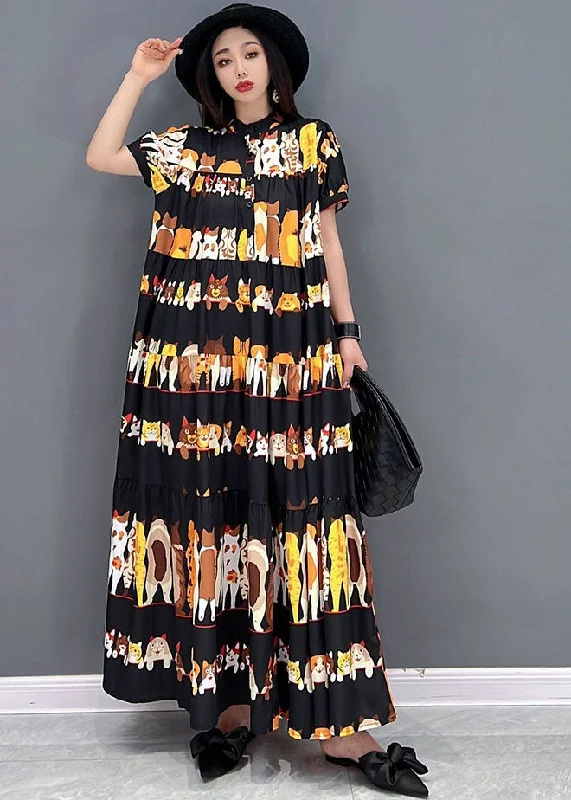 Loose Black Stand Collar Oversized Wrinkled Character Print Chiffon Long Dresses Short Sleeve Tunics Fashionable trendy Loose Black Stand Collar Oversized Wrinkled Character Print Chiffon Long Dresses Short Sleeve Tunics Fashionable trendy