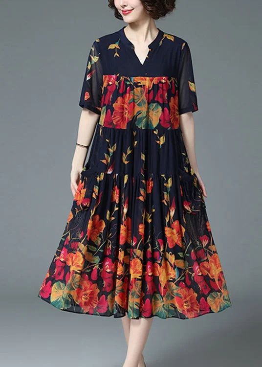 Loose Blue V Neck Wrinkled Floral Print Pockets Chiffon Long Dress Short Sleeve Tunics Essential wardrobe Loose Blue V Neck Wrinkled Floral Print Pockets Chiffon Long Dress Short Sleeve Tunics Essential wardrobe