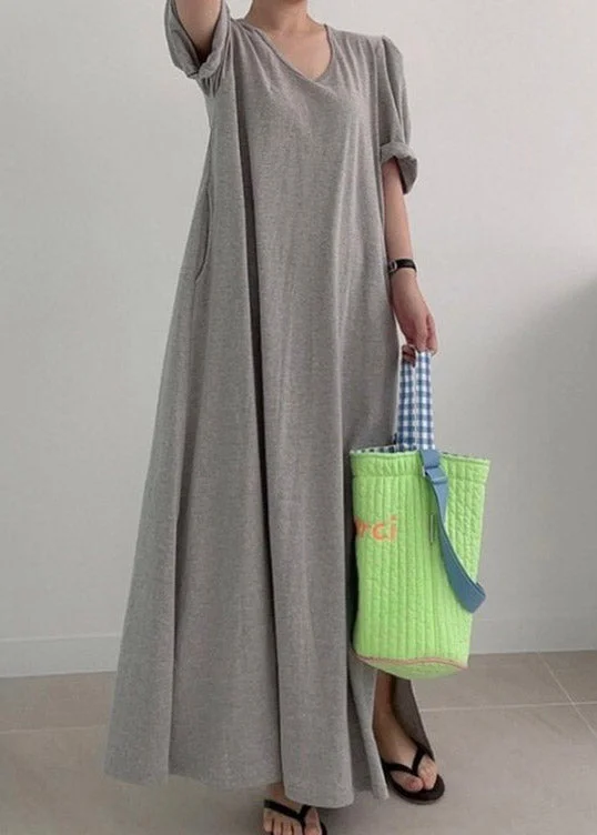 Loose Grey O-Neck Cozy Knit Long Dress Summer Tunics Wedding white