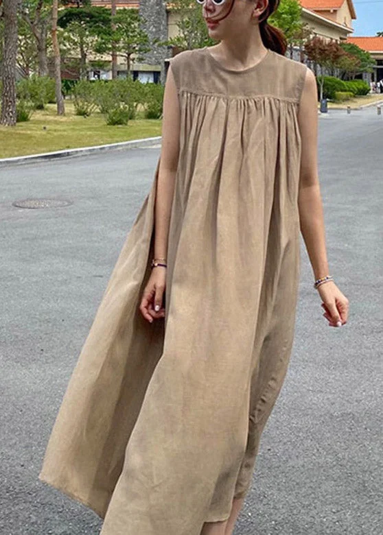 Loose Khaki O-Neck Patchwork Wrinkled LLong Dress Summer Tunics Travel practical