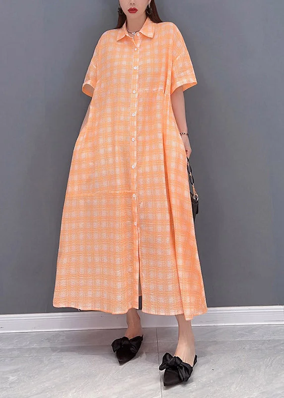 Loose Orange Peter Pan Collar Button Pockets Plaid Long Dress Short Sleeve Tunics Timeless classic Loose Orange Peter Pan Collar Button Pockets Plaid Long Dress Short Sleeve Tunics Timeless classic