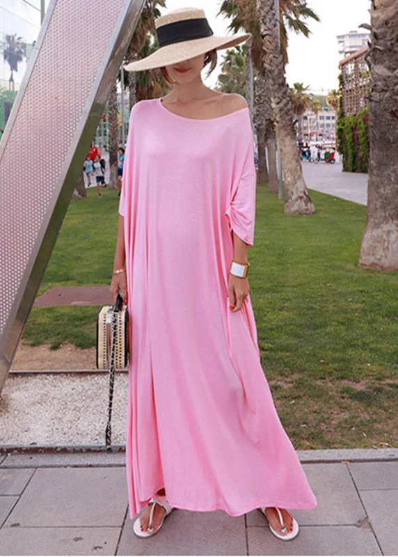 Loose Pink O-Neck Cotton Long Dress Short Sleeve Tunics Brand named