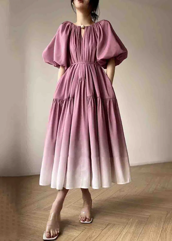 Loose Pink Tie Waist Wrinkled Patchwork Cotton Dresses Lantern Sleeve Tunics Recommended stylist