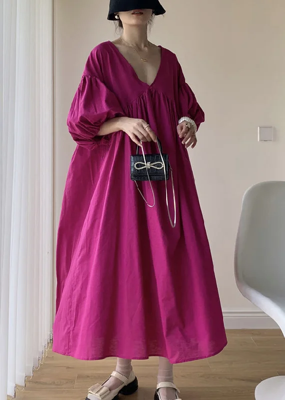 Loose Rose V Neck Wrinkled Patchwork Cotton Long Dresses Summer A-Line Day Work