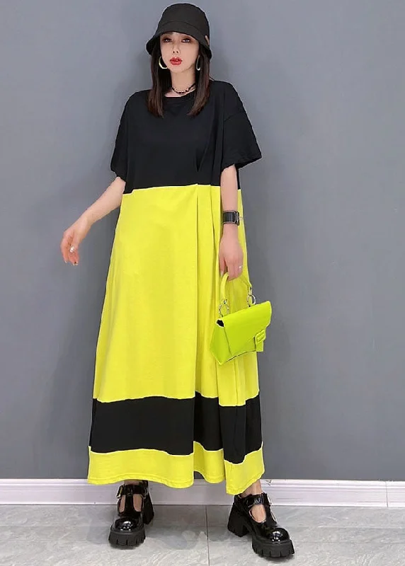 Loose Yellow Black Oversized Patchwork Cotton Long Dress Short Sleeve Floral Print girly Loose Yellow Black Oversized Patchwork Cotton Long Dress Short Sleeve Floral Print girly
