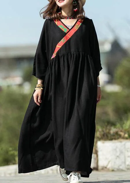 Modern black silk linen Long dress v neck patchwork Maxi summer Dress Tunics Leisure comfortable Modern black silk linen Long dress v neck patchwork Maxi summer Dress Tunics Leisure comfortable