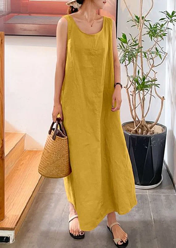 Modern Yellow O-Neck Slim Fit Cotton Long Dresses Sleeveless Tunics Long Elegant