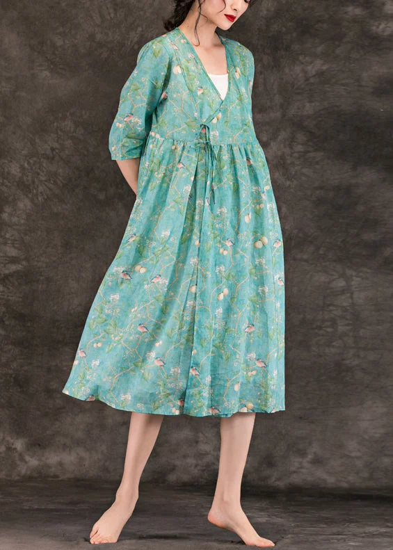 Natural green print linen clothes stylish Neckline v neck tie waist Knee Summer Dresses Tunics Mesh breathable Natural green print linen clothes stylish Neckline v neck tie waist Knee Summer Dresses Tunics Mesh breathable