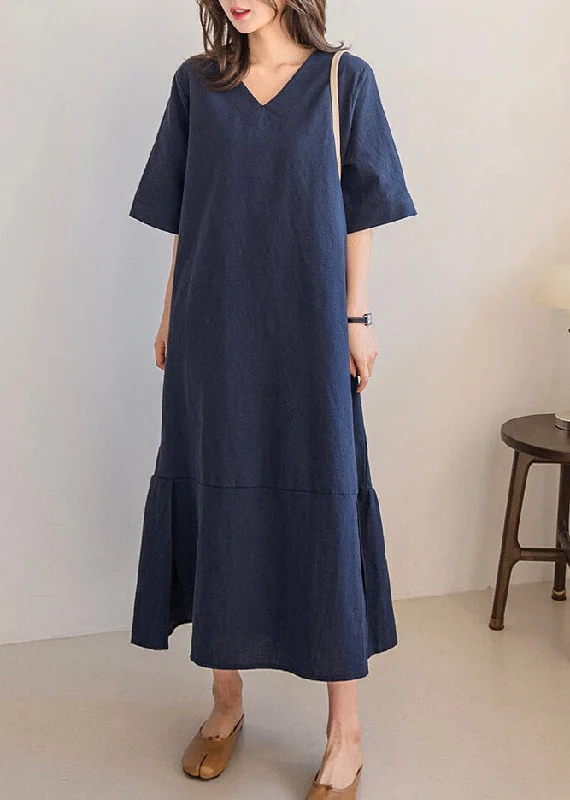 Navy Side Open Solid Long Dresses Short Sleeve Tunics New arrival