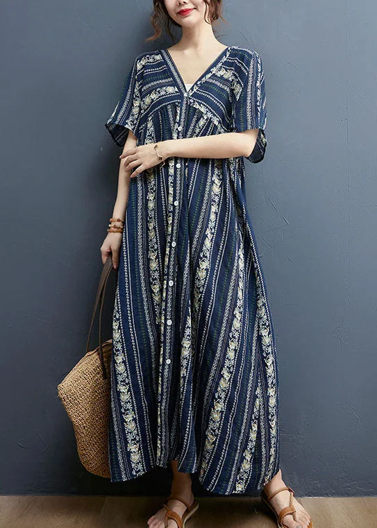 Navy Striped Print Cotton Long Dress Exra Large Hem Short Sleeve Tunics Polka dots