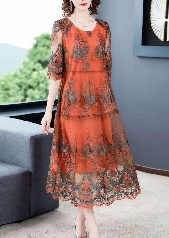 Orange Hollow Out Tulle Long Dress Embroideried Half Sleeve Tunics Distressed trendy Orange Hollow Out Tulle Long Dress Embroideried Half Sleeve Tunics Distressed trendy