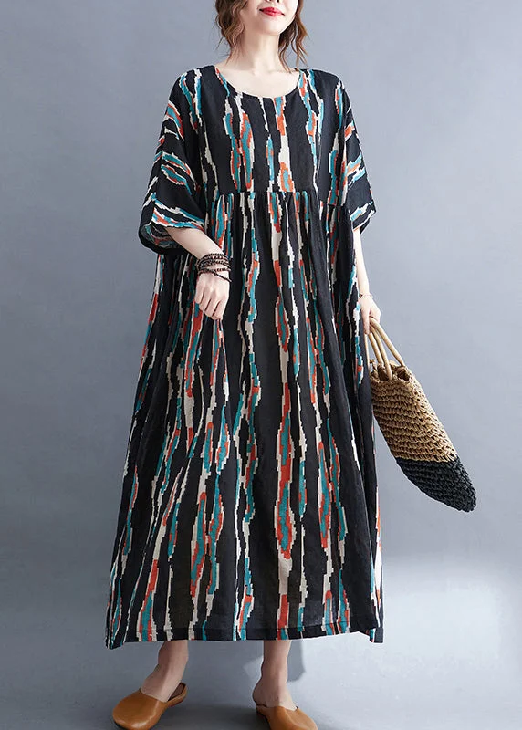 Plus Size Black O-Neck Print Long Dresses Half Sleeve Elegant Long Evening