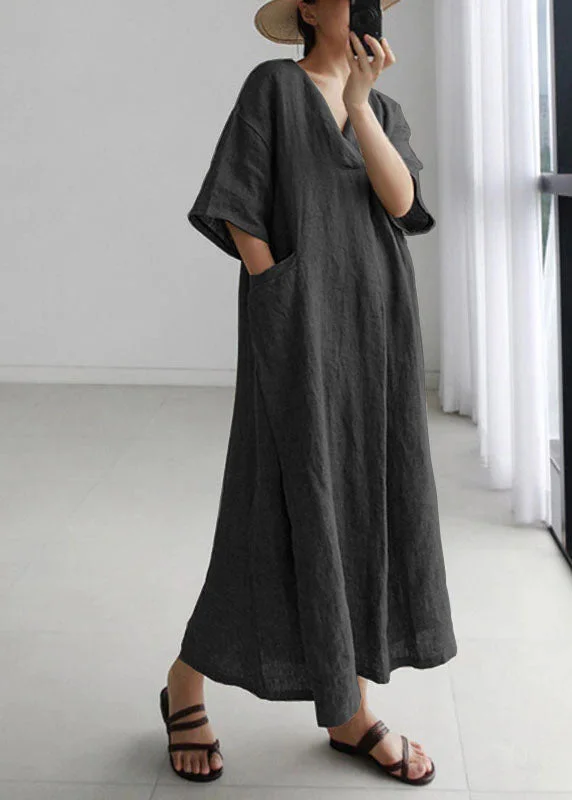 Plus Size Black Peter Pan Collar Pockets Linen Long Dresses Short Sleeve Tunics Timeless classic Plus Size Black Peter Pan Collar Pockets Linen Long Dresses Short Sleeve Tunics Timeless classic